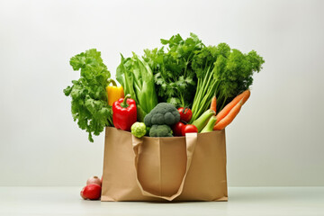 Fresh vegetables in a paper shopping bag and white background. Good food concept for health and diet. - obrazy, fototapety, plakaty