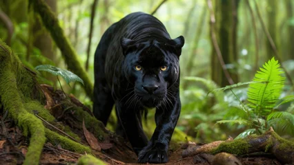 Foto op Plexiglas Black panther in the rainforest, 4k wallpaper - beautiful panther hd walking © OpticalDesign
