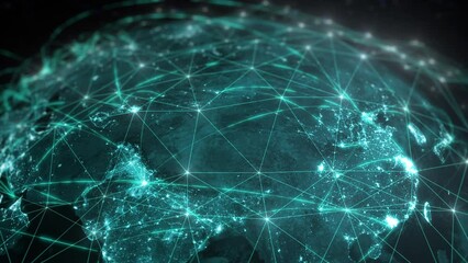 Data Grid Connecting the World. From Asia To Europe. Beautiful rotating 3D animation of Planet Earth with Connection and Networks.  - Powered by Adobe