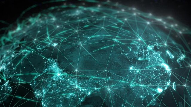Data Grid Connecting the World. From Asia To Europe. Beautiful rotating 3D animation of Planet Earth with Connection and Networks. 