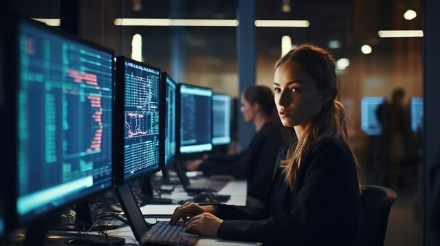 Young girl programmer writing code on the keyboard, in the office space at night. Design ai