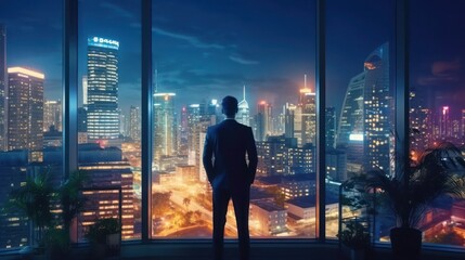 Plakat Back view of businessman stand look at the city view at night