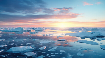 Ice sheets melting in the arctic ocean or waters, Ice Melting, Global warming, climate change, greenhouse gas, ecology concept. Photorealistic.