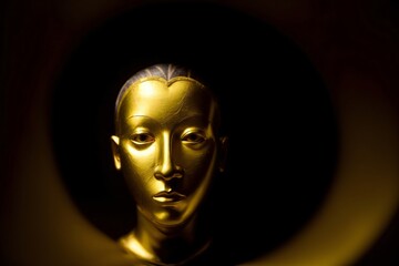 A Close Up Of A Gold Statue With A Black Background