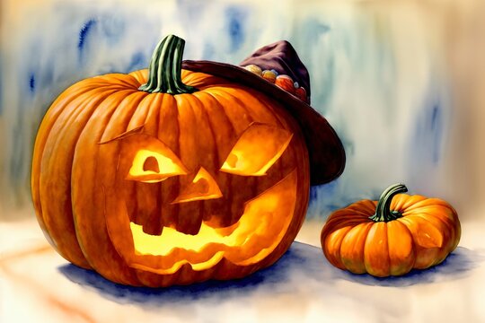 A Painting Of A Jack - O - Lantern And Two Pumpkins
