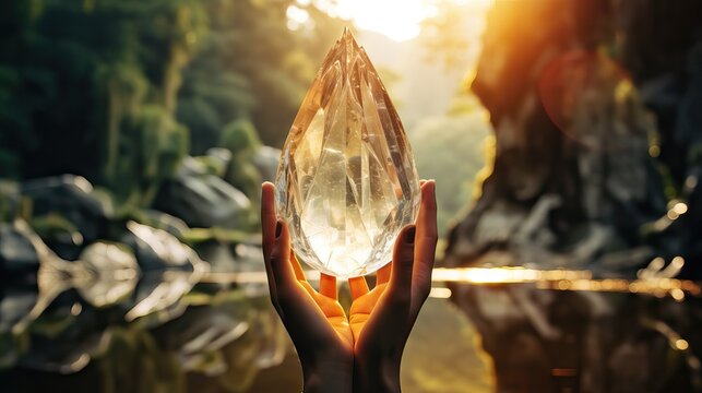 A captivating photograph of a hand holding a crystal quartz, symbolizing self-love and spiritual awakening, appealing to those in tune with holistic well-being. Generative AI
