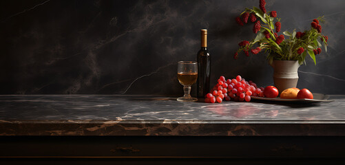 Banner of a dark kitchen on marble table with port wine, glass, and grapes. Still life style