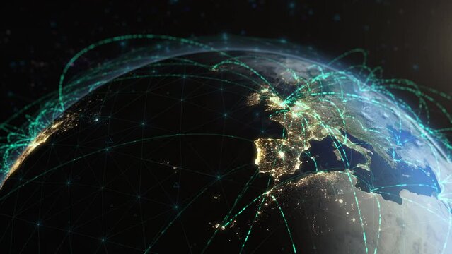 Green Lines and Nodes Creating a Mesh over United States and Europe. Futuristic Technology, Satellite Telecommunications, 5G Networks, IOT.