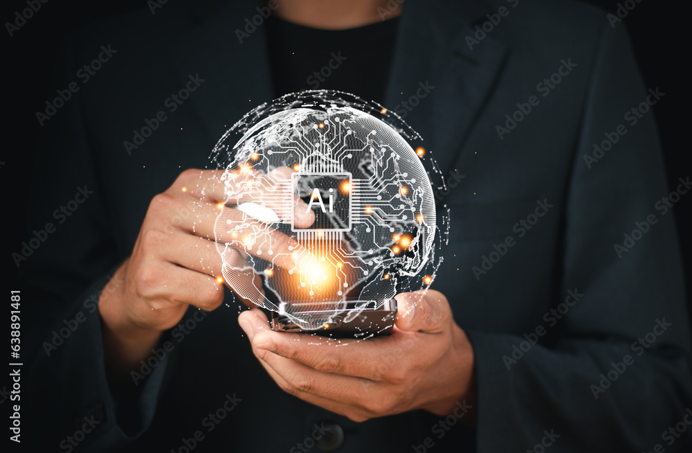 Poster ai technology in everyday life.technology and people concept man use ai to help work, ai learning an