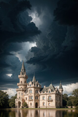 Château de conte de fée au milieu de la forêt sous un ciel menaçant. 