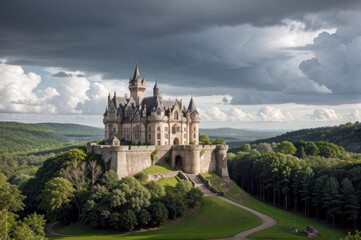 Château de conte de fée au milieu de la forêt. 