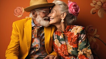 Creative portrait of an elderly cheerful married couple in bright outfits.