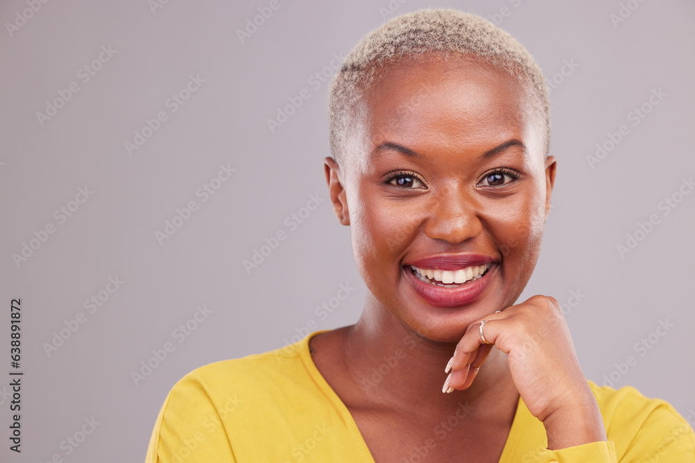 Canvas Prints Happy, makeup and portrait of black woman in a studio with beauty, cosmetic or self care face routine. Smile, excited and African female model with cosmetology by gray background with mockup space.