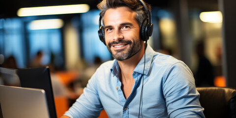 Fototapeta premium Male Call Center Operator Working at Desk with Headset, Smiling