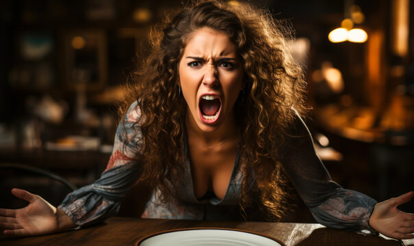 angry woman posing with an empty plate at the restaurant table, hangry concept - hungry and angry
