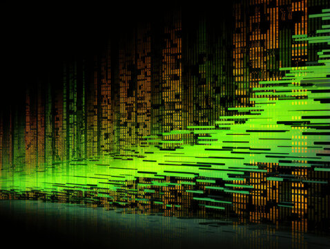 Matrix-inspired glitch background with flowing streams of neon green binary code on a pitch-black canvas. The code should be represented as cascading lines of random ones and zeros