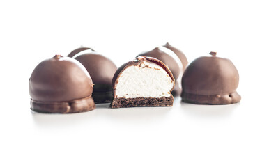 Chocolate covered marshmallows. Sweet dessert isolated on white background.