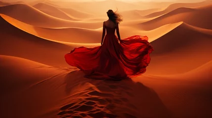 Foto auf Leinwand beautiful woman in a long red dress stands in the middle of a desert landscape with high sand dunes © Riverland Studio