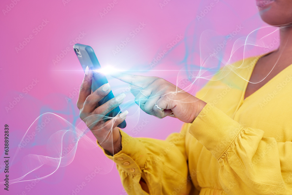 Poster woman hands, phone and network hologram, technology overlay and connection on a pink background. per