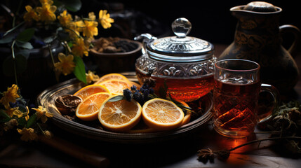 Fototapeta premium Teapot and Teacups on black background, copy space. Traditional Asian Tea Set - iron teapot and ceramic teacups with green tea and tea leaves.