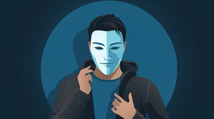 An llustration features a person holding a mask in front of their face, drawing attention to themes of identity and authenticity in the digital age of social media. Generative AI