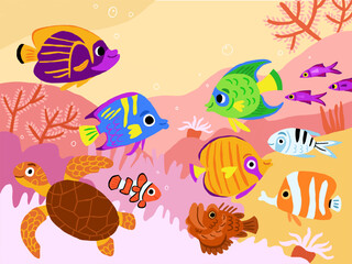 Children illustration of the underwater world with cute colorful fish characters, coral reefs, seaweed, sea star. Under the sea scene, picture book illustration in hand drawn style. Vector - 638893045