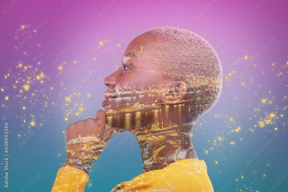 Poster profile, metaverse and thinking with a black woman on a double exposure background in studio for dig