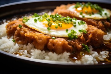 Fototapeta na wymiar Katsudon, showcasing a close-up of tender pork cutlets immersed in an egg mixture, topped with chopped green onions, on a bed of hot steamed rice