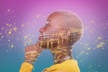 Profile, metaverse and thinking with a black woman on a double exposure background in studio for...