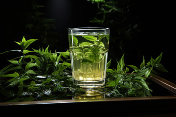 tropical tea filling the shape of an invisible glass, we do not see the glass, only its contents, on a black background, minimalistic advertising photo