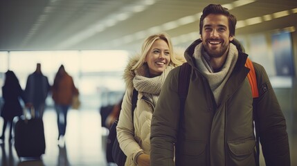 Portrait of elegant happy couple man and woman standing together on the territory of the airport AI