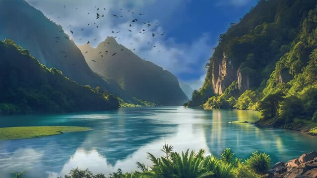 beautiful panorama with mountain and river at tropical country, seamless looping video animated background	