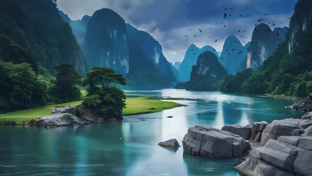 beautiful panorama with mountain and river at tropical country, seamless looping video animated background	