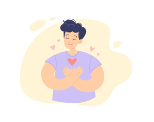 Self help concept. Young positive man with his hand on the chest with heart, gratitude and peace. Vector illustration in simple style