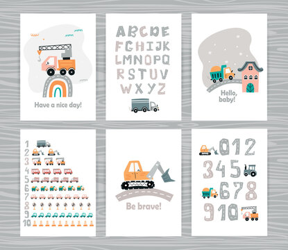 Set of posters with Track road alphabet and numbers.