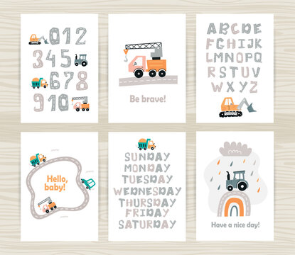 Set of posters with Track road alphabet and numbers.