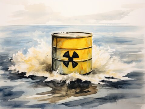 watercolor illustration of radioactive nuclear waste barrel in the sea. Nuclear water pollution concept
