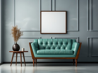 Minimalistisches Foyer mit klassischem Sofa in Grün vor grauer Vertäfelung und einem quadratischen Bilderrahmen mit Freiraum zur Bildpräsentation. - 638895655