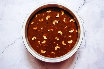 Homemade Moong dal kheer or Kerala onam payasamt Parippu pradhaman, overhead view