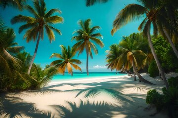 Fototapeta na wymiar a tropical paradise with palm trees, white sandy beaches, and turquoise waters
