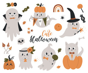 Set of Halloween cute ghosts and other elements