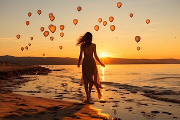 Joyful person with balloon on the beach at dawn., generative IA