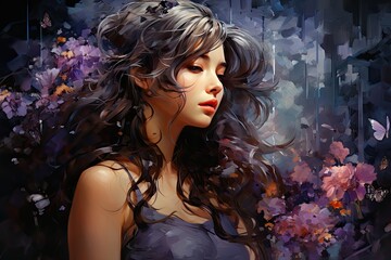 Obraz na płótnie Canvas Lonely figure smiles melancholy in purple garden, butterflies dance., generative IA