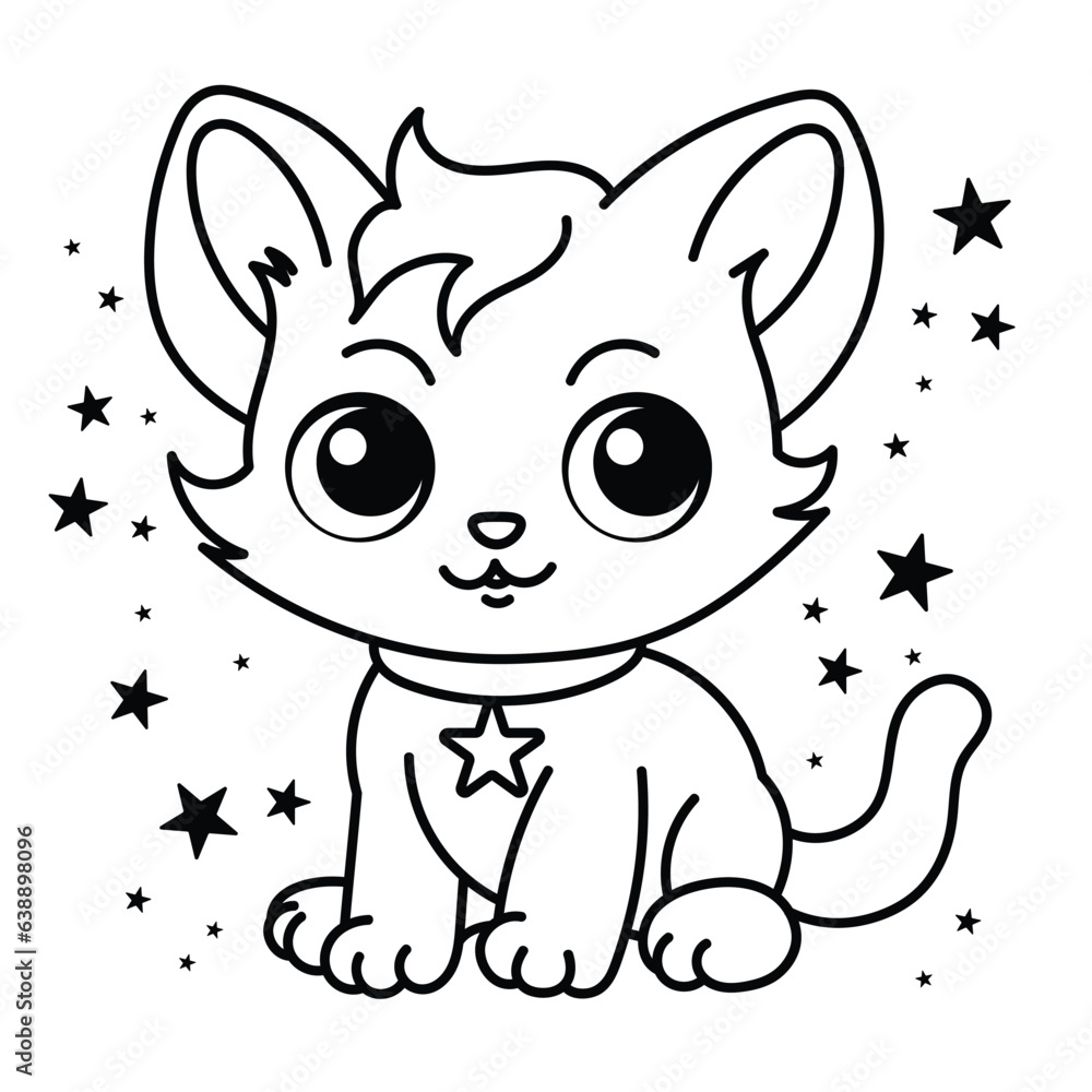 Wall mural cute cat coloring page for kids. cartoon fluffy cat illustration.