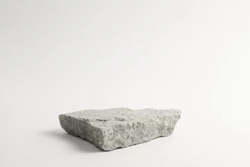 Tuinposter Gray flat textured stone pedestal on white background, template for mock-up, banner. Minimal concept, empty podium display product, presentation scene . © amixstudio
