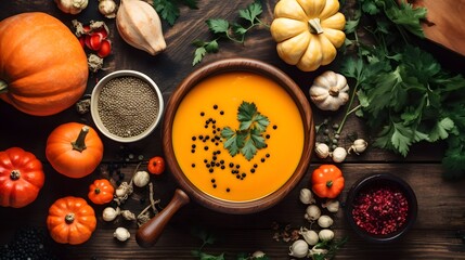Obraz na płótnie Canvas Pumpkin soup with vegetarian cooking ingredients, wooden spoons, kitchen utensils on wooden background. Top view. Vegan diet. Autumn harvest. Healthy, clean food and eating concept. AI Generative