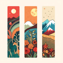 Bookmarks with mountains and flowers. A set of three bookmarks with mountains and flowers. The bookmarks are made of high-quality paper and are decorated with colorful illustrations. 