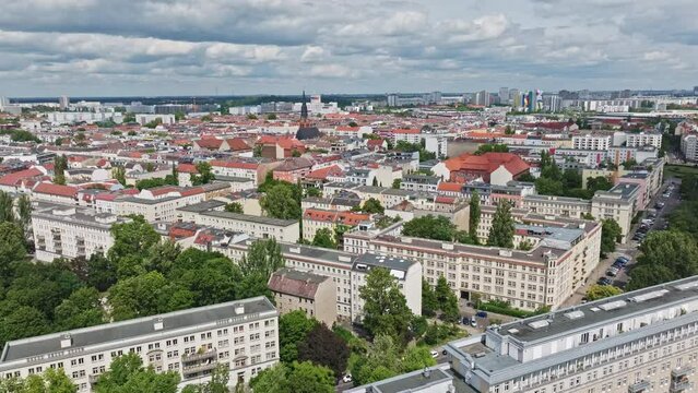 Drone aerial shot of a residential area in Friedrichshain district in Berlin , Germany .