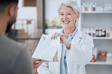 Happy senior woman, pharmacist and patient in consultation for medication or prescription at...