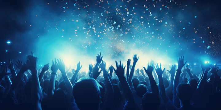 Live, rock concert, party, festival night club crowd cheering, stage lights and confetti falling. Cheering crowd. Blue lights, photorealistic.